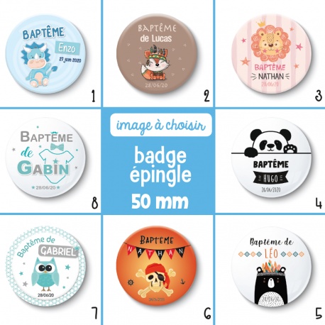 Badge thème garçon : baptême ou anniversaire - 50 mm - Choix de l'image