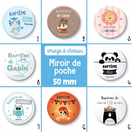 Miroir de poche thème garçon : baptême ou anniversaire - 50 mm - Choix de l'image